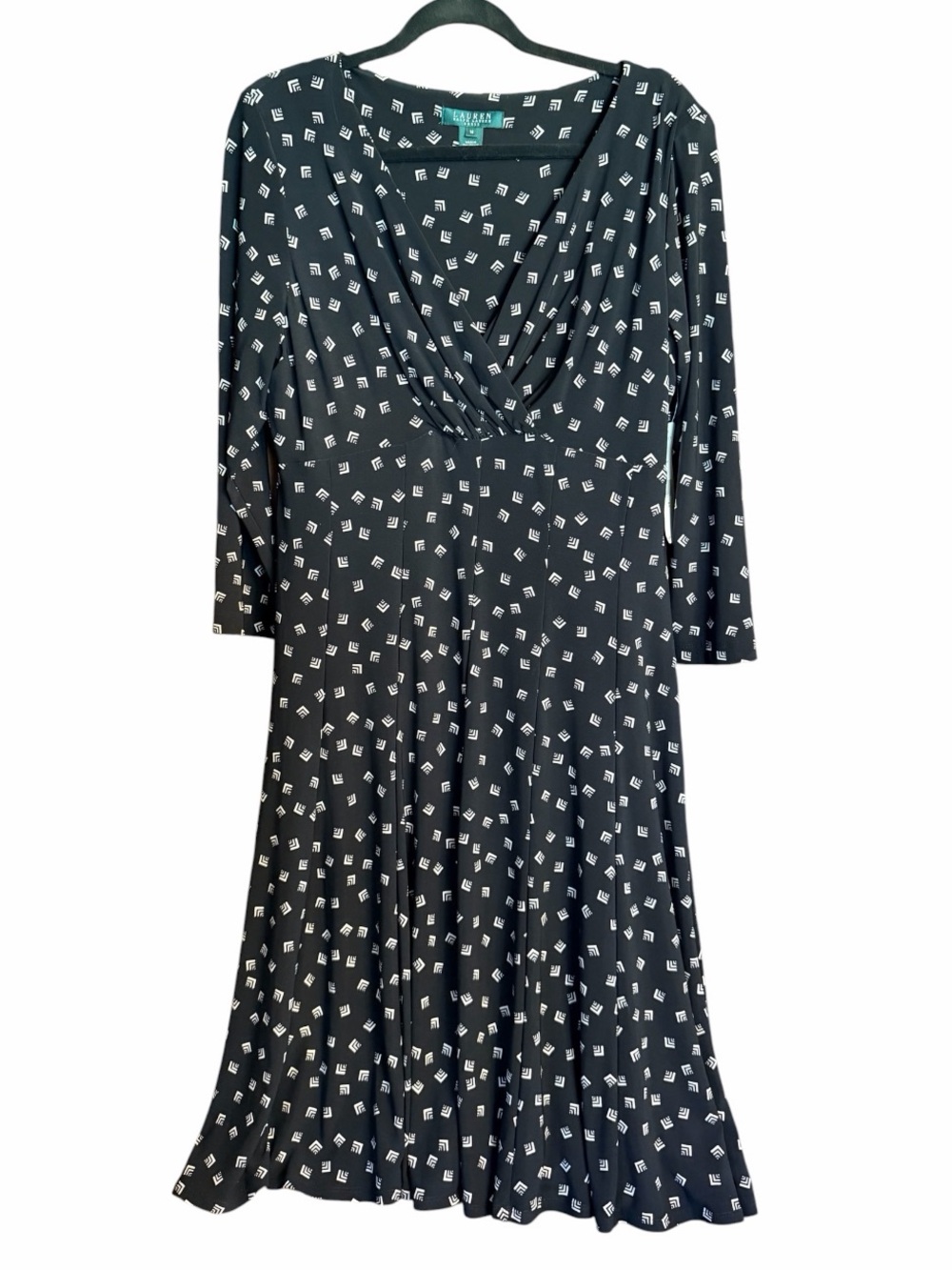 Lauren Ralph Lauren Black White Geometric Faux Wrap Midi Dress Size 16 NWT - Picture 3 of 14